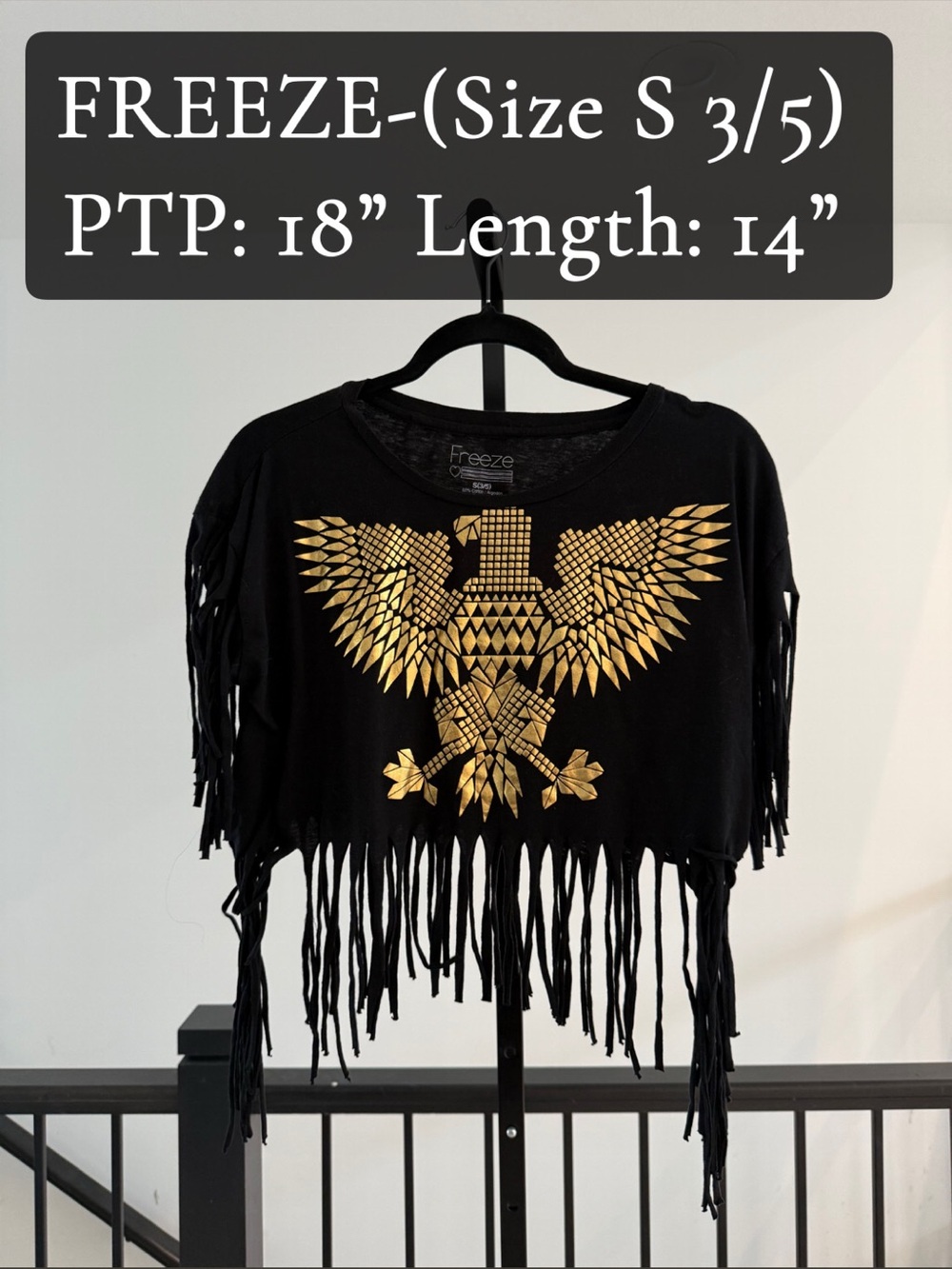 Freeze Black Fringe Crop Top with Metallic Gold Eagle